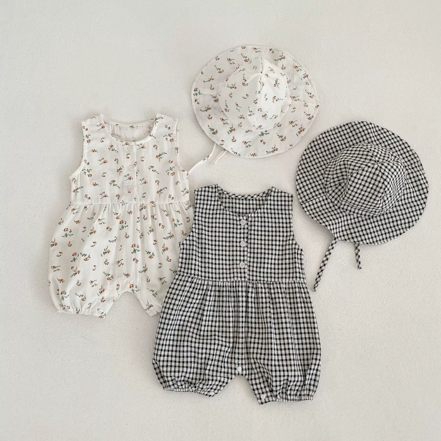 Summer Arrival Baby Girls Sleeveless Cute Floral and Plaid Pattern Rompers-0